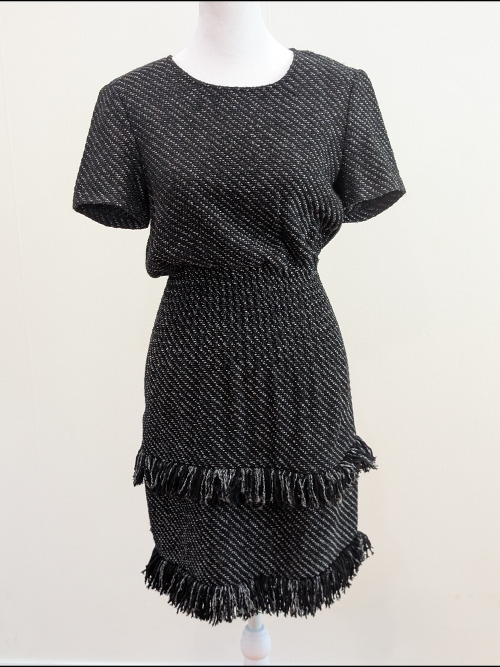 Maje Black Tweed Fringe Short-Sleeve Mini Dress